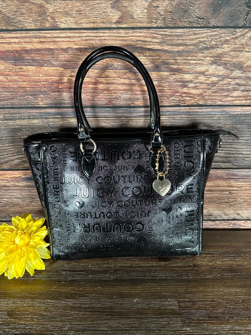 Juicy Couture Black Patent Logo-Embossed Tote with Heart Charm